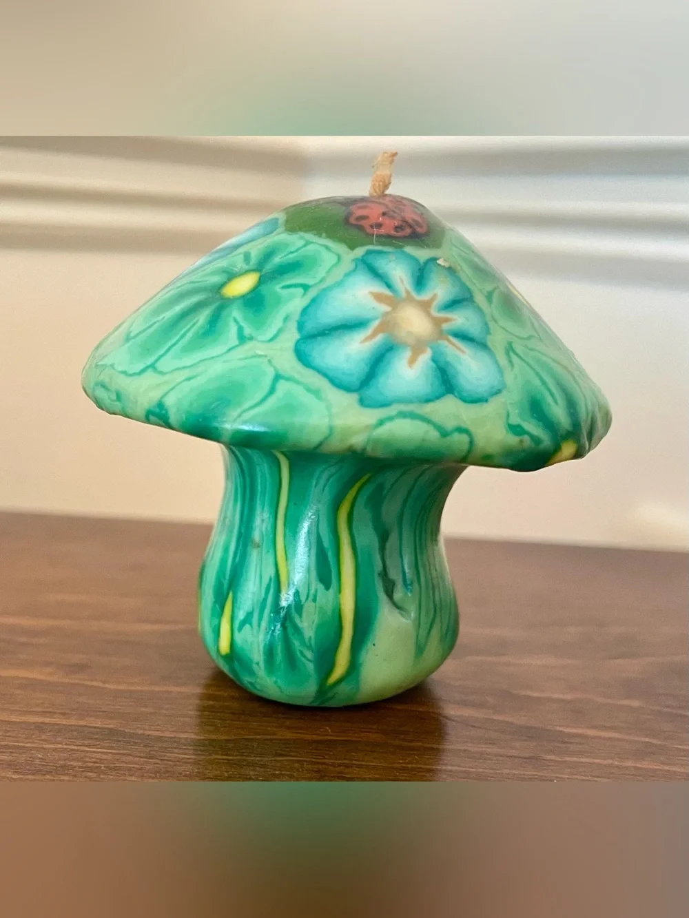 Vintage Psychedelic Mushroom + Ladybug Candle - Green & Blue (UNBURNED) Y2K